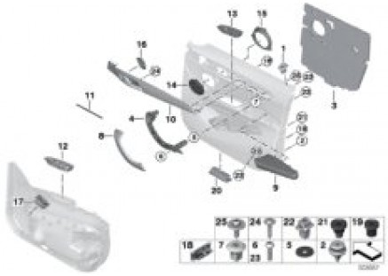 Surface-mounted parts, door panel, front